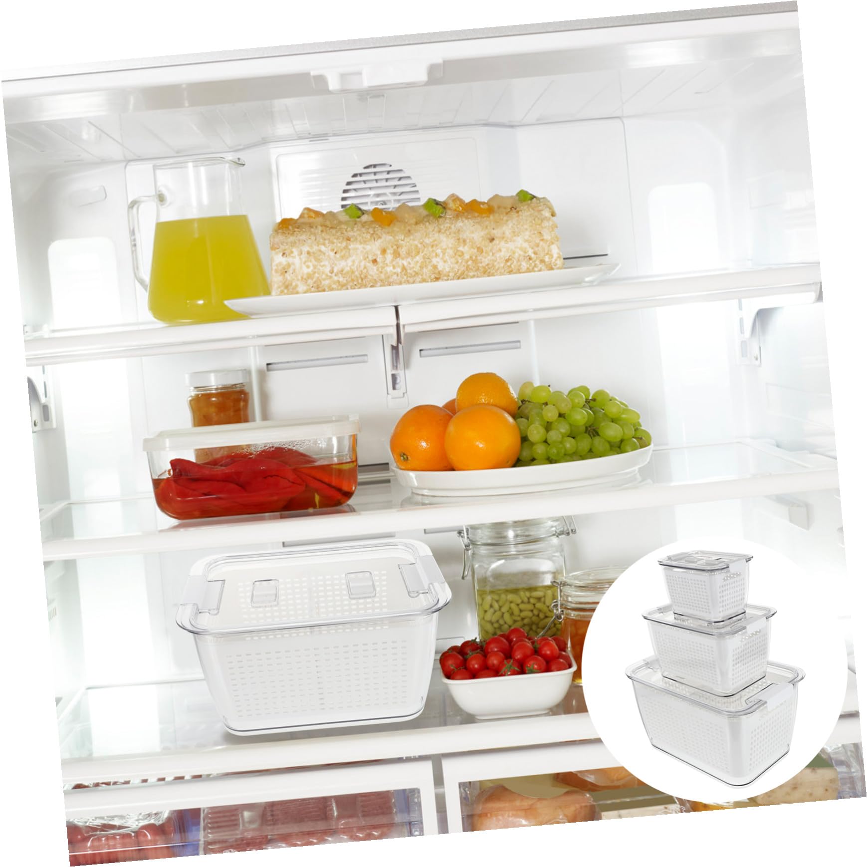 Frischhaltedose mit Ablaufsieb Küchen Aufbewahrungsbox Bpa frei Luftdicht Frischebox für Obst Gemüse Kühlschrank Organizer Platzsparend Weiß