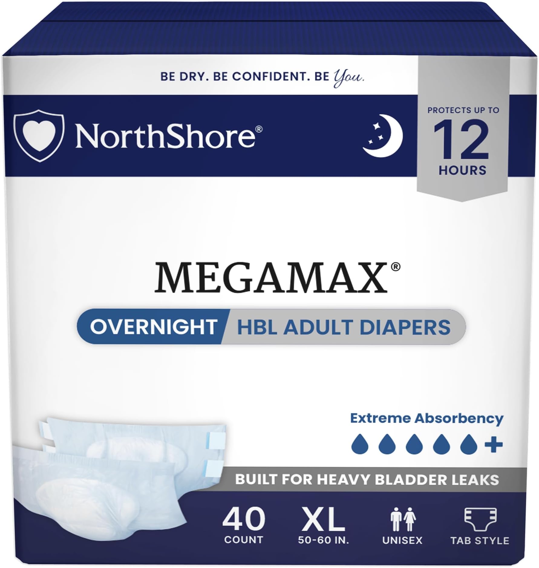 MegaMax HBL Adult Diapers with Tabs, White, X-Large, 40 Count
