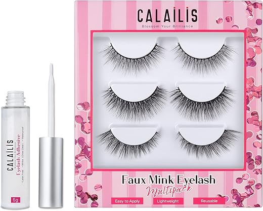 CALAILIS False Eyelash, Eye Makeup Lash 3D Faux Mink Fake Eyelash Long Natural Eyelashes 3 Pairs with 5g False Eyelash Glue (CS02)