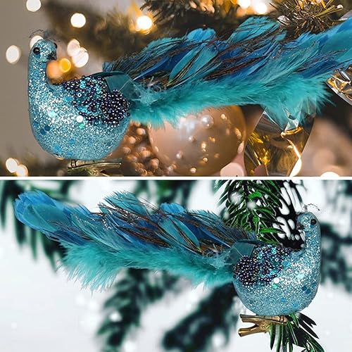 Miniatura 2 de Aves artificiales de pavo real con clip, pavo real de plumas naturales con cola larga, decoraciones de árbol de Navidad, pájaros de espuma azul pavo