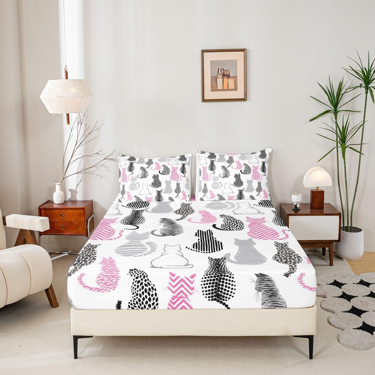 Cute Cat Pattern Bed Sheet Queen Set Cat Silhouette Sheets Sets Adults Bedroom Decor Pink and Gray Microfiber Bed Sheets with Flat,Fitted Sheet,2 Pillow Cases