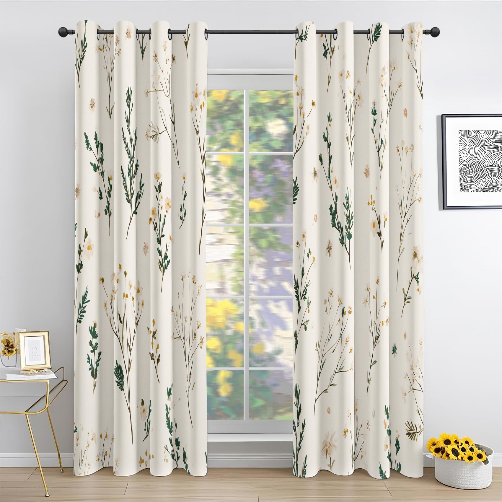 Generisch Blumen Aquarell Blickdicht Vorhänge, Wildblumen Landhausstil Vorhänge, Verdunklungsvorhänge mit Ösen, Thermovorhang 2er Set für Schlafzimmer Wohnzimmer, H225 x B140 cm, Ah109