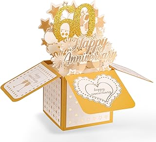 60th Anniversary Card, 3D Gold Happy Anniversary Pop Up Card with Envelope for Women Men Wife Husband Couples Parents Him Her Wedding Marriage Gift