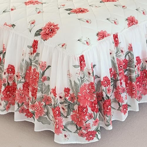Miniatura 9 de EVENHUG Falda de cama 100% algodón, tamaño matrimonial, con volantes, color rosa, floral, con 2 fundas de almohada de 20 pulgadas, falda de cama de