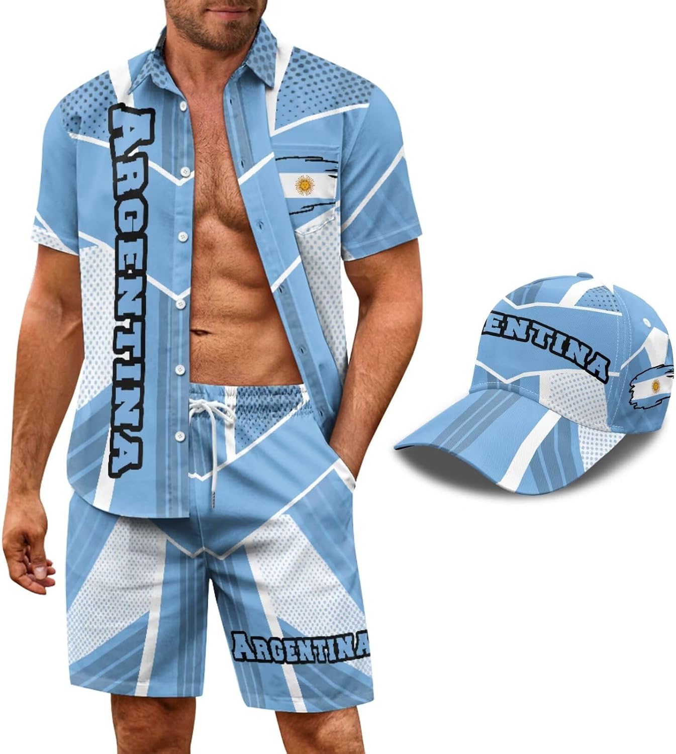 Mens 2Piece Patriotic Outfit Shorts Sleeve Shirts and Shorts,4th of July Anniversary Tracksuit with Hats,S-3XL