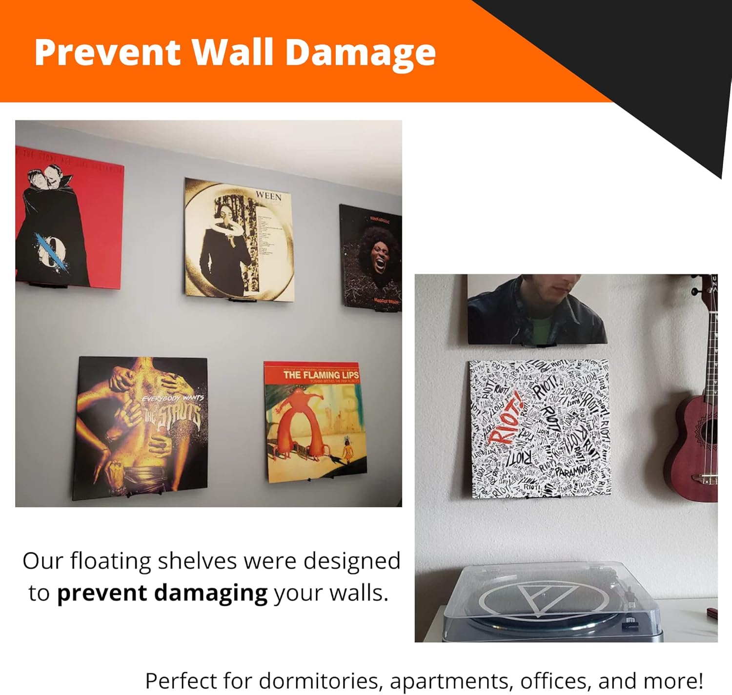 Wall Mount for Vinyl Record Display [10-PACK]- Display Your Album Collection- Wall Damage-Free Shelf- Perfect for Office, Home, Dorms, Apartments- LP Holder (White, 10)