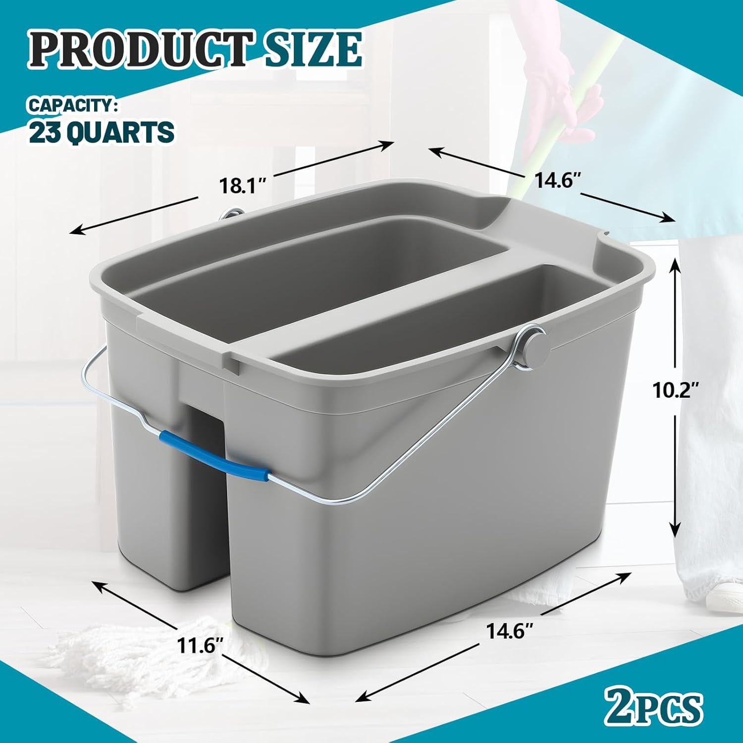 Sawysine 2 Pack 23 Qt Double Layer Large Plastic Cleaning Bucket, 18.1 Inch Cleaning Caddy Organizer with Handles Compatible with Flat Head Sponge Mops, Suitable for Household Storage Kitchen Bathroom