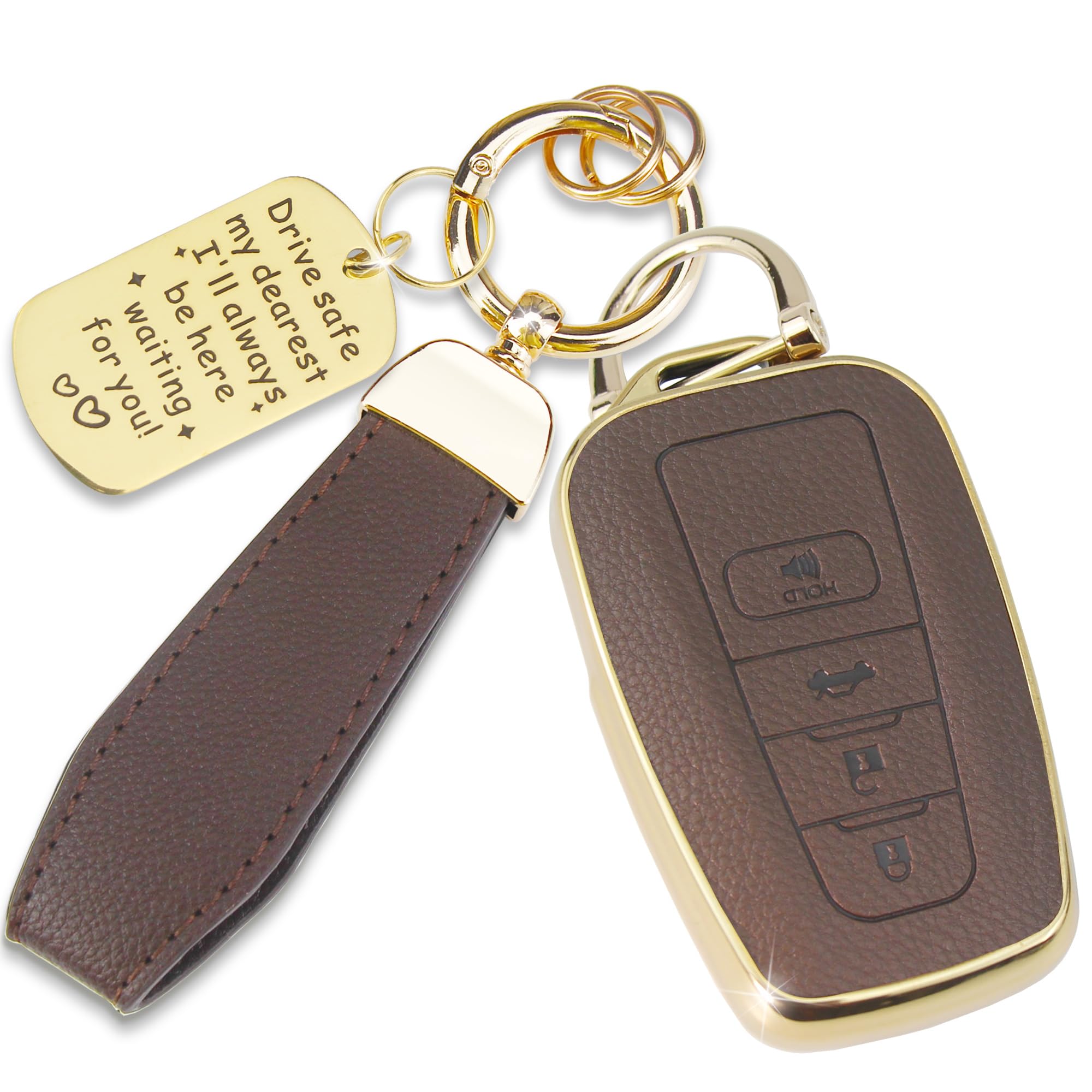 Photo 1 of Quekine Soft TPU & Leather Key Fob Cover Compatible with Toyota 4Runner Prius Highlander RAV4 Camry Avalon C-HR GT86 Prado, with Keychain & Metal Blessing Tag (4 Button Coffee)