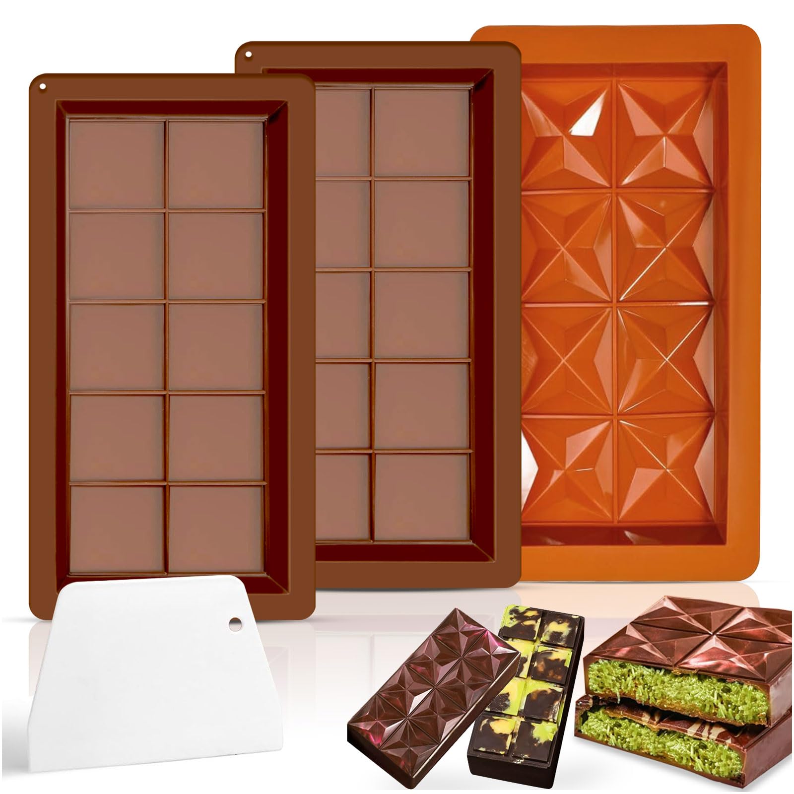 3 x Chocolate Moulds, Silicone Deep Silicone Moulds, Chocolate Bar, Non-Stick, Reusable, DIY Baking, Chocolate Moulds, Diamond and Square Shaped Chocolate Moulds with Bench Scraper