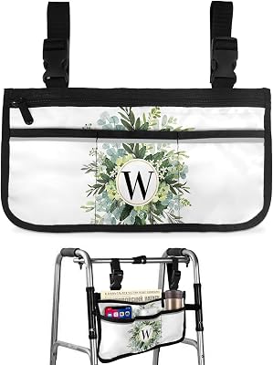 Eucalyptus Leaves Wheelchair Side Bag Walker Bag, Spring Green Watercolor Monogram Letter W Wheelchair Accessories Armrest Pouch, Organizer Storage Bag for Walkers, Rollators, 7.3''x13''