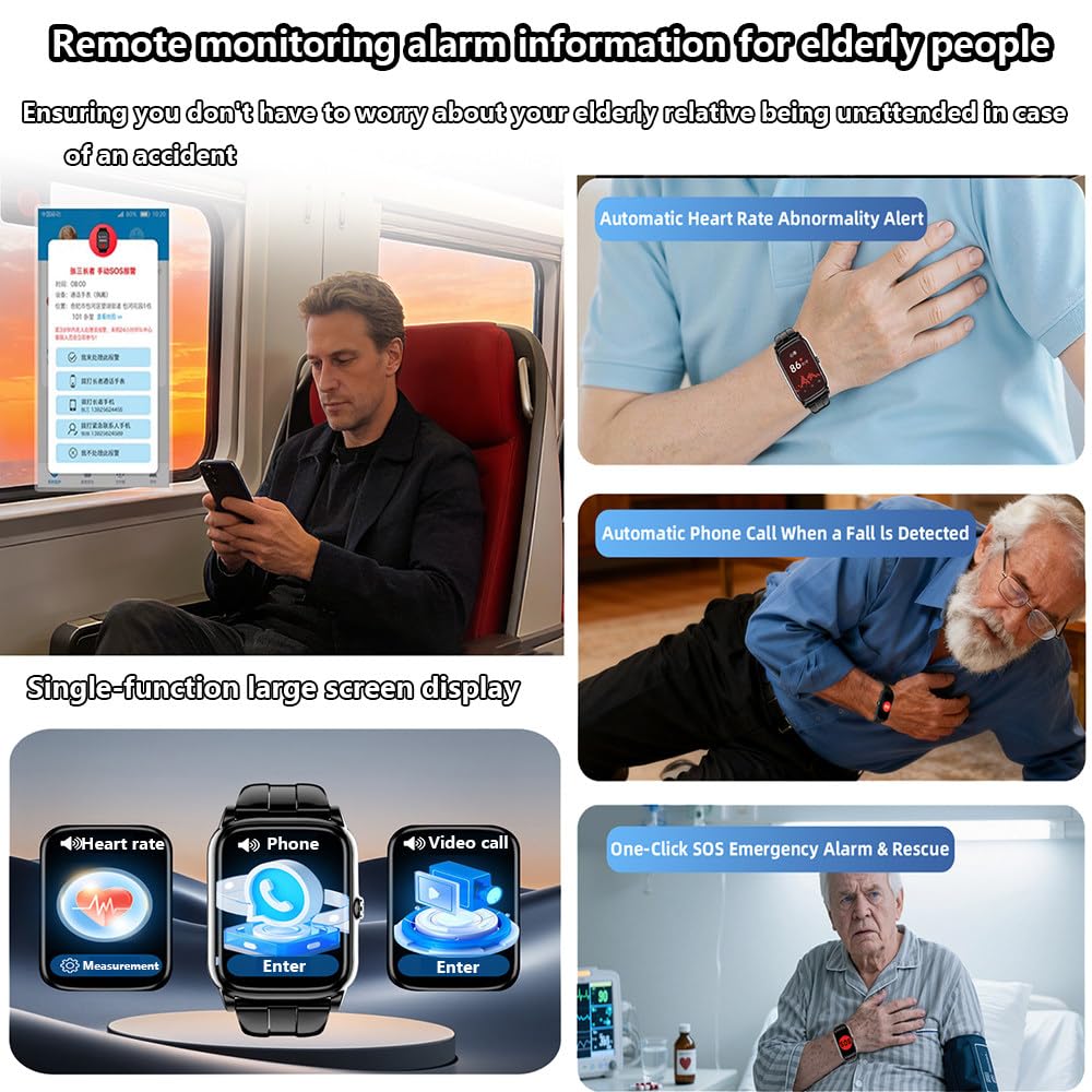 Reloj inteligente de detección de caídas con videollamada, posicionamiento GPS, llamada de emergencia SOS, monitoreo de salud, pantalla táctil de 1.5 pulgadas, impermeable, frecuencia cardíaca, valla