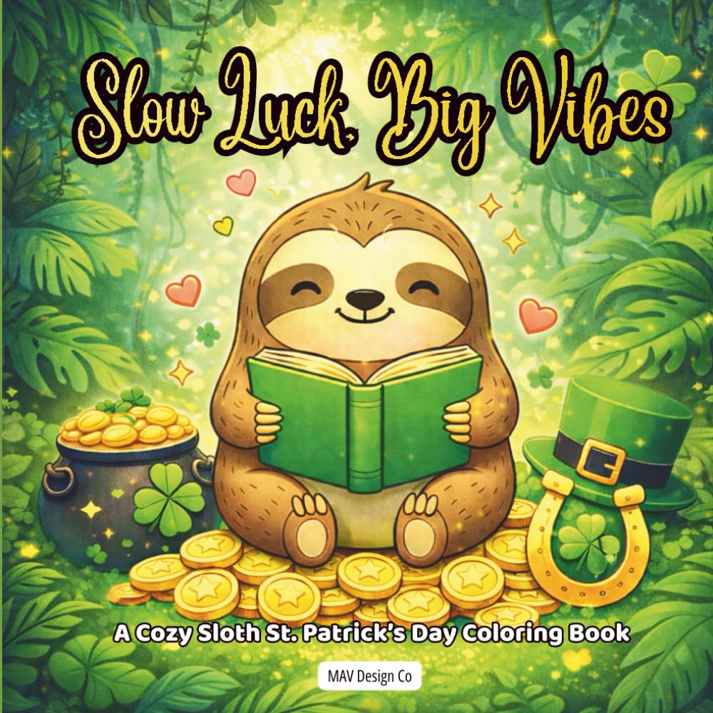 Slow Luck Big Vibes: A Cozy St. Patrick’s Day Sloth Coloring Book with Shamrocks, Rainbows, Lucky Gold, and Calm Creative Fun