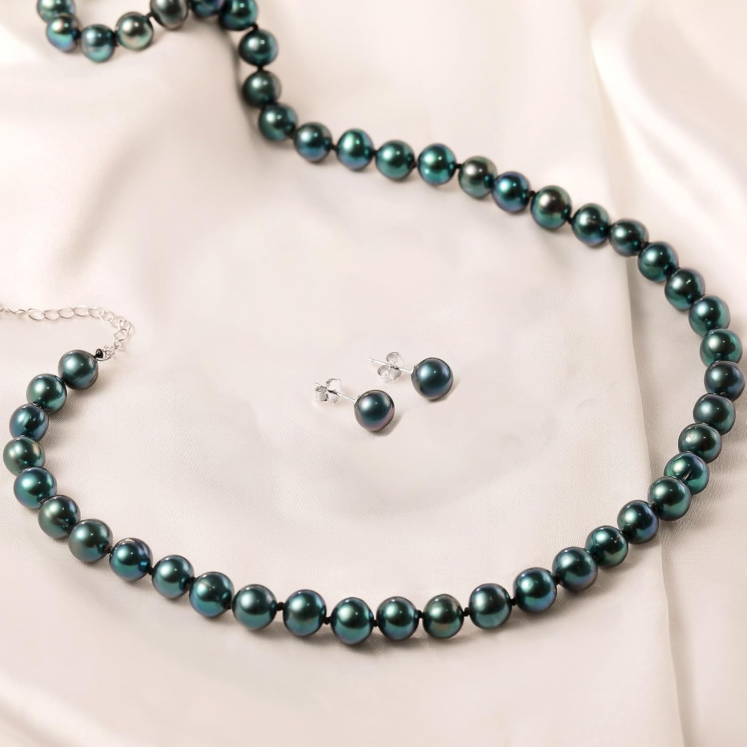 Tahitian Cultured Black Pearl Necklace & Earrings Set | 7.5-8mm Round Exotic Pearls with 925 Sterling Silver Clasp | Luxury Jewelry Gift for Wife/Mom/Girlfriend, 18"+2" Extender - Image 4