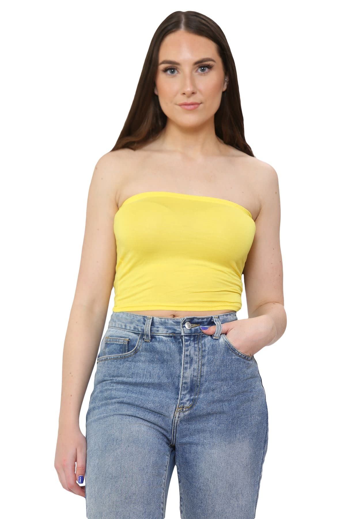 Janisramone Women's Yellow Janisramone® Bandeau Crop Top, Stretchy Strapless Boob Tube Style Summer Tops - Crop Tops For Ideal Going Out Tops For Uk