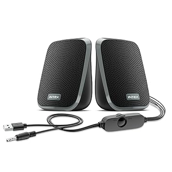 Intex IT-120 2.0 Channel Desktop Speaker with 10W Powerful Sound, USB Powered, 3.5mm Jack, in-Line Volume Control, Loud & Compact Design, Portable for Laptop, Computer, Mobile – Grey