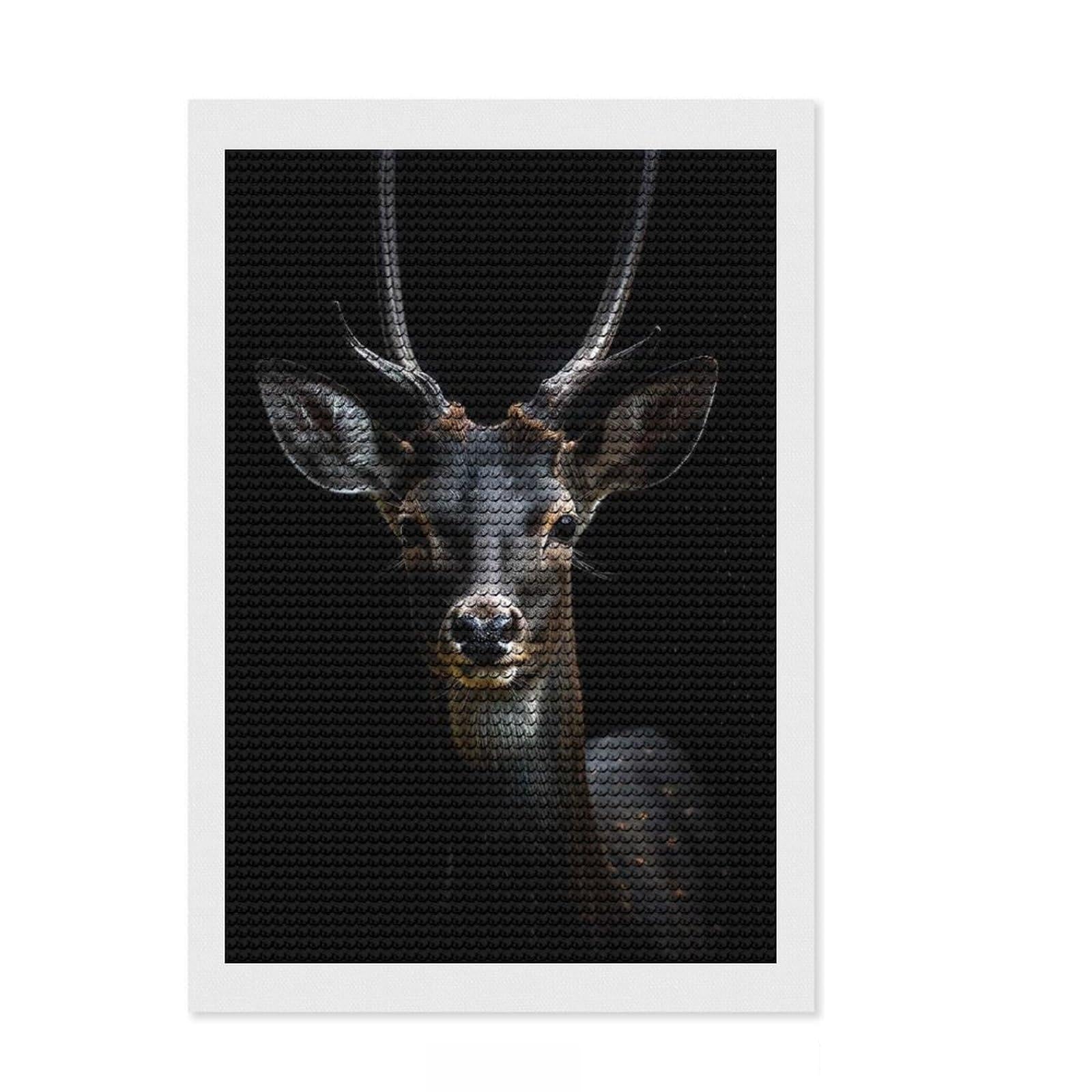 Junmoney Black Deer Portrait Crystal Diamond Art Kit 8"x12", Vintage Style Decor, Stress Relief Craft, Thoughtful Present, Aesthetic Room Decor