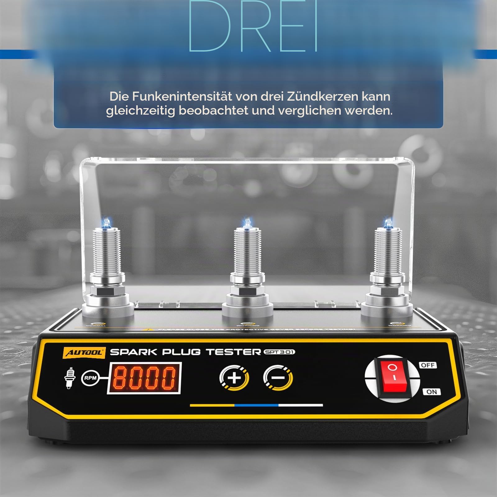 AUTOOL Zündkerzenprüfer für Autos, 200-9000 U/min, einstellbare Arbeitsfrequenz, drei Zündkerzenlöcher, Werkzeug mit Schutzkappe