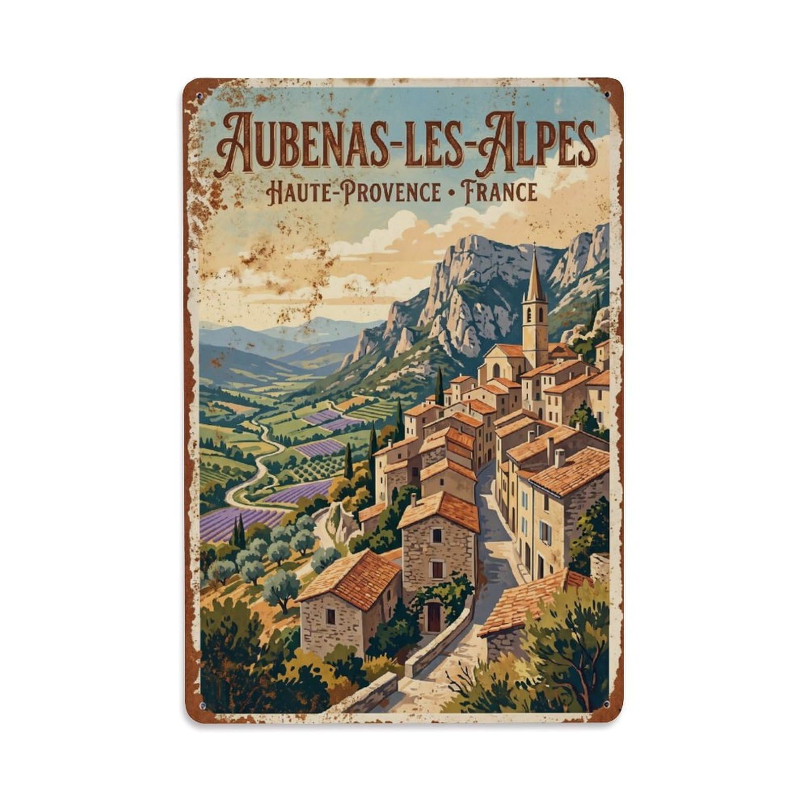 Travel Map Aubenas Les Alpes France Vintage Cartography Cityscape Metal Tin Sign Plaque Wall Decor for Cafe, Man Cave, Club Bar, Office, Home Garden Round Metal Poster 8x12Inch