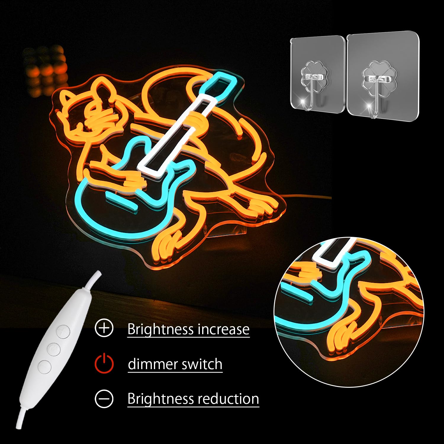 Insegna al neon a forma di chitarra con scoiattolo per decorazione da parete, birreria, chitarra, luce al neon, alimentata tramite USB, con musica a LED, per bar, musica dal vivo, grotta, casa, feste