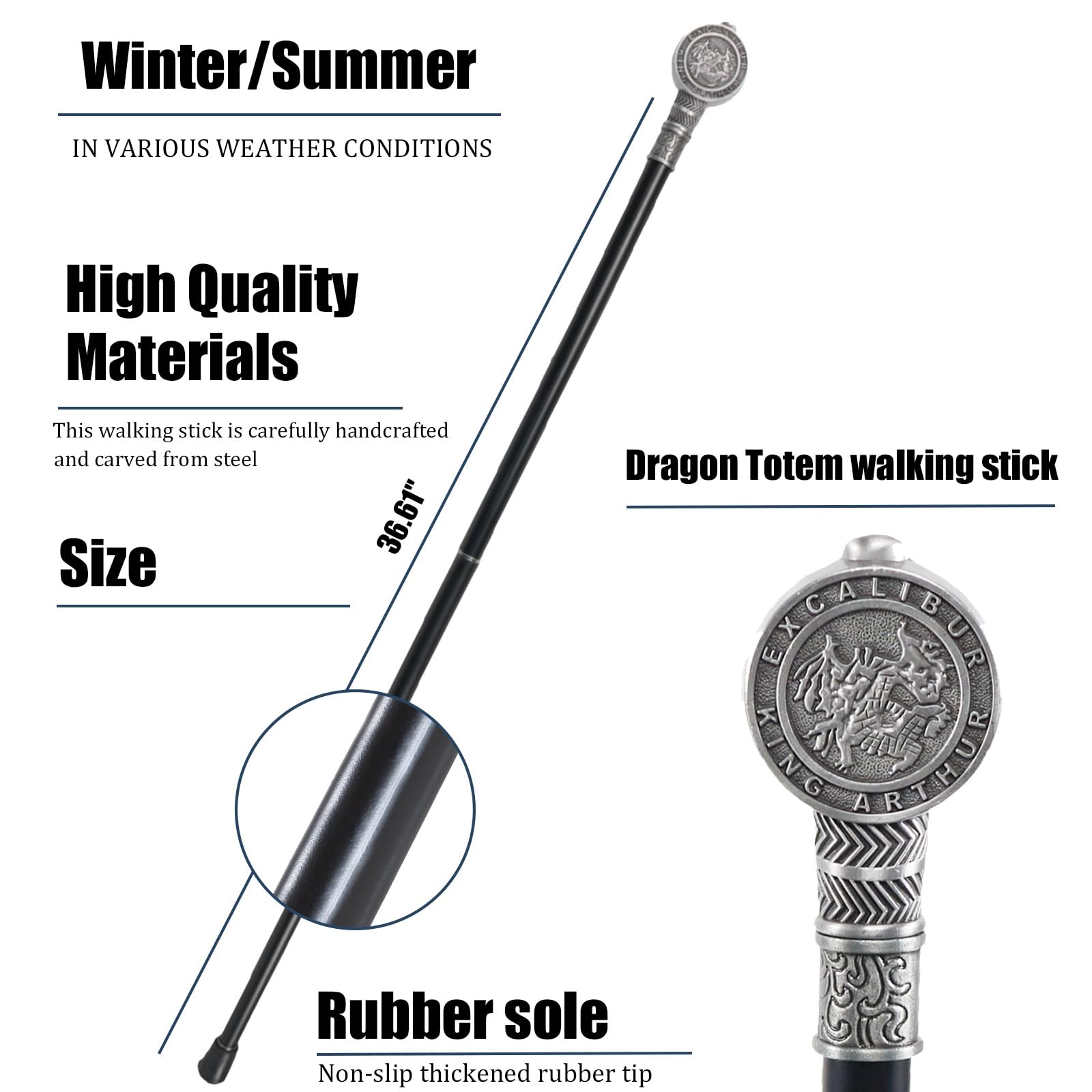 Bastón de Caballero con Tótem de Dragón, Bastón de Lujo Extraíble Antideslizante para Hombre y Mujer, para Cosplay y Fiestas Vintage 36 Pulgadas(Silver)