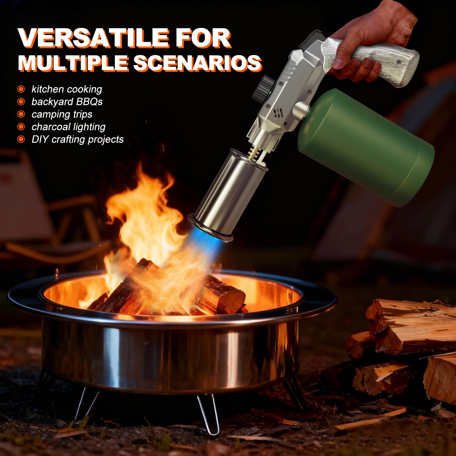 Pistola de propano ajustable para barbacoa y fogata | Acabado plateado, calor máximo de 1800 °C, encendido piezoeléctrico, fuego de un solo toque, gran regalo