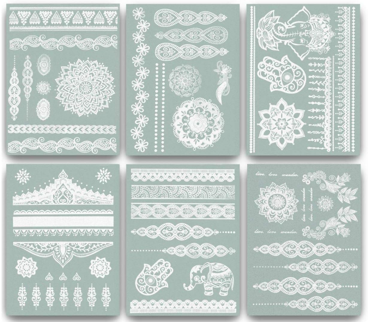 Terra Tattoos White Henna Temporary Tattoos 75+ Mandala Tattoos Flowers, Mandalas, Elephants & more! Waterproof Nontoxic Long Lasting Perfect for Beach, Festivals, & Parties