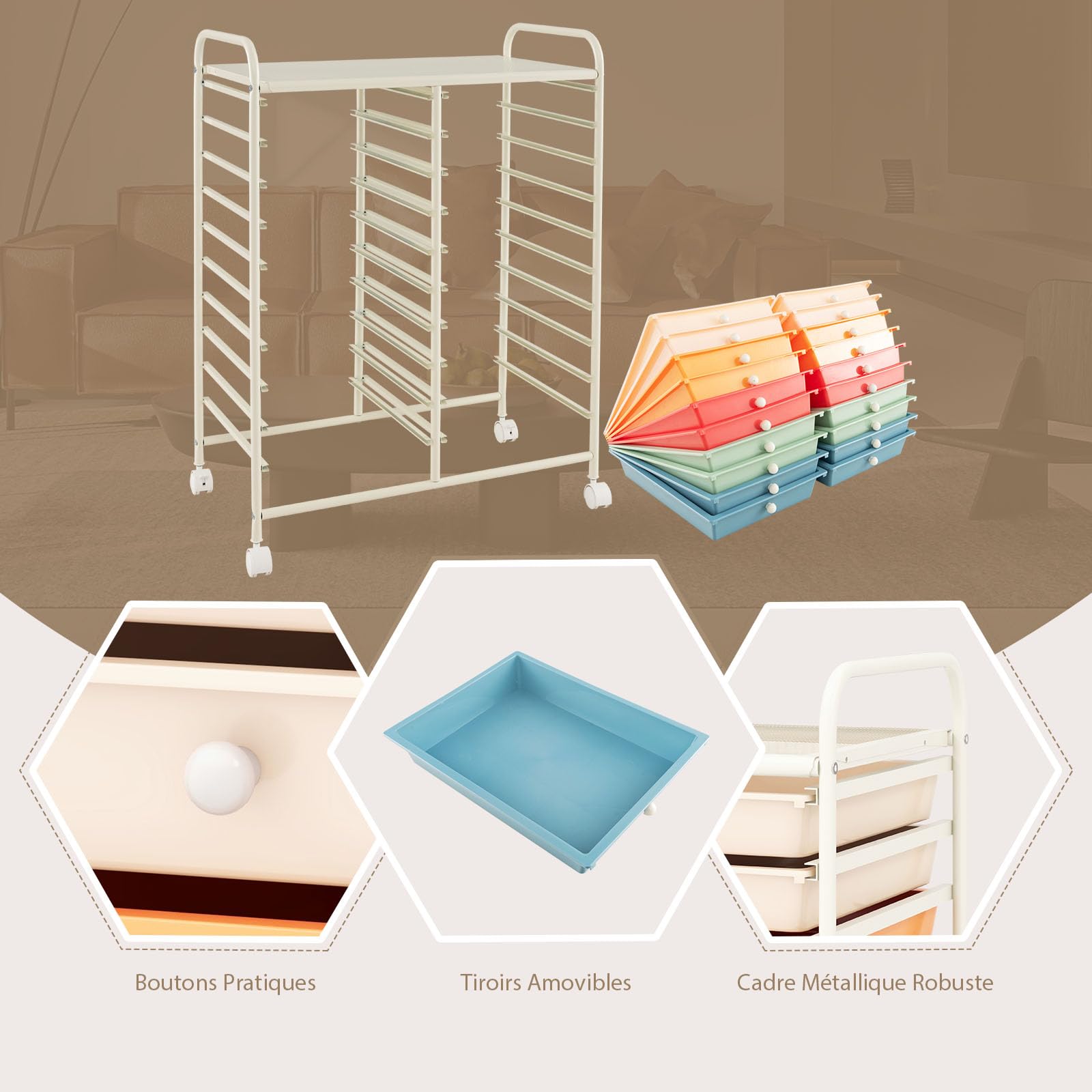 COSTWAY Chariot de Rangement à Roulette 20 Tiroirs en PP, Tour de Rangement avec Tablette, Cadre en Métal, Desserte Meuble Tiroir pour Cuisine Salle de Bain École (XL | 20 tiroirs,Multicolore)