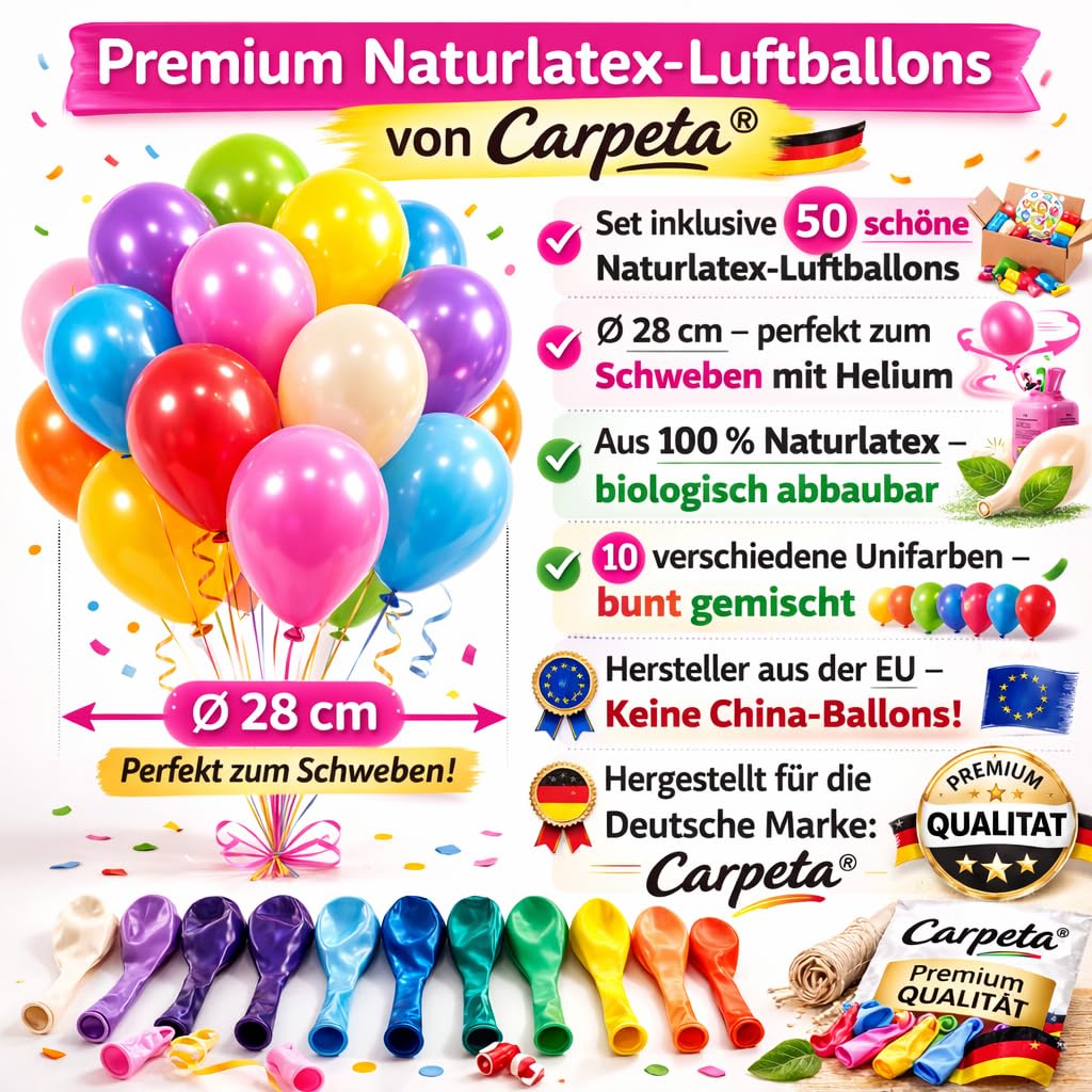 BALLONGAS FÜR 50 Luftballons + 50 Ballons + FÜLLVENTIL | Helium Einweg Flasche Luftballon Folienballon Deko Geburtstag Party Hochzeit