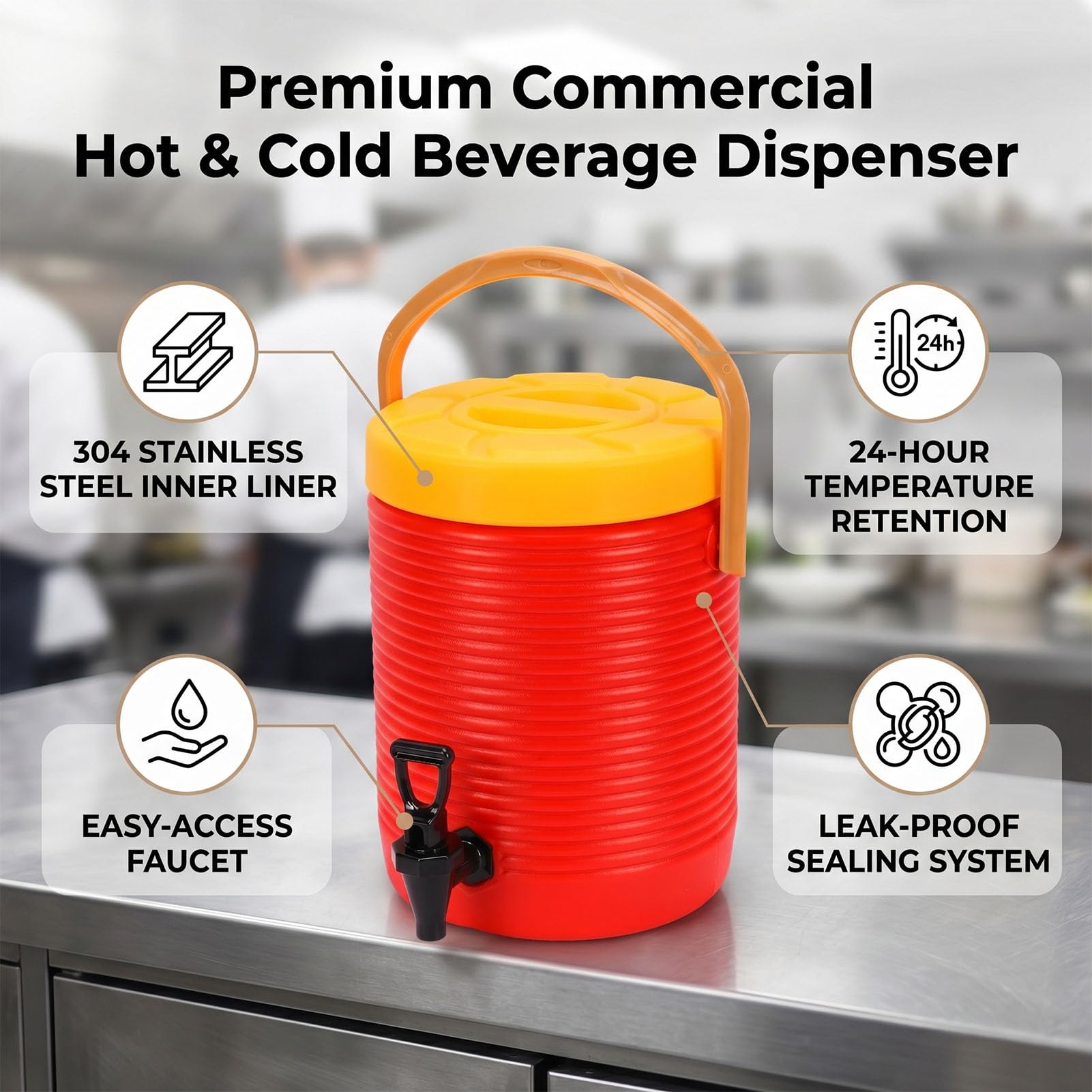 Distributeur de Boissons isolé en Acier Inoxydable 304, 9L avec Robinet pour Boissons Chaudes et Froides