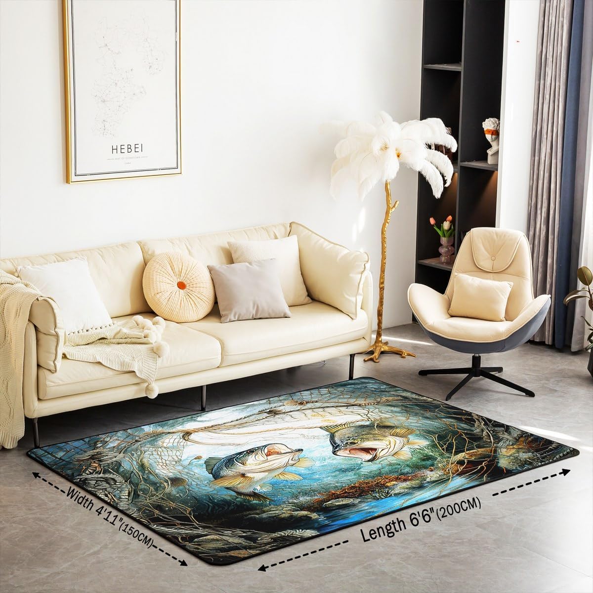 jejeloiu Fishing and Hunting Area Rug 3x5,Bass Fish Fishing Living Room Rugs Farm Rustic Decorative Carpet,Indoor Floor Mat