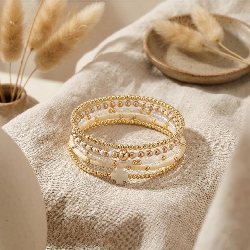 Gold Beaded Cross Bracelet for Women, 14K Plated Adjustable Stackable Dainty Bracelets, Non Tarnish Fashion Jewelry Set Gifts for Women Birthday Friendship