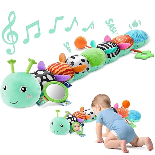 Miniatura 8 de Sumobaby Juguetes musicales para bebés, oruga de peluche con mordedor, arrugado multisensorial, sonajero y texturas, para el tiempo boca abajo