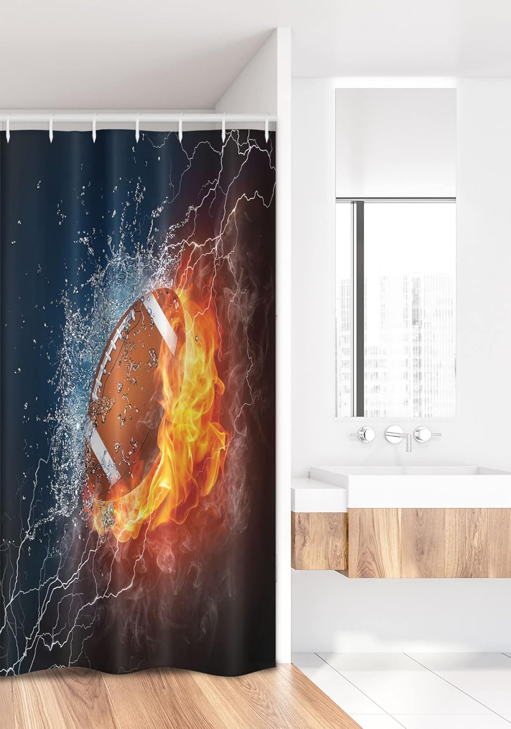 Ambesonne Sports Stall Shower Curtain, Football and Water Splashing Thunder Bolt Abstract Conceptual Art Design, Fabric Bathroom Decor Set with Hooks, 36" W x 72" L, Multicolor