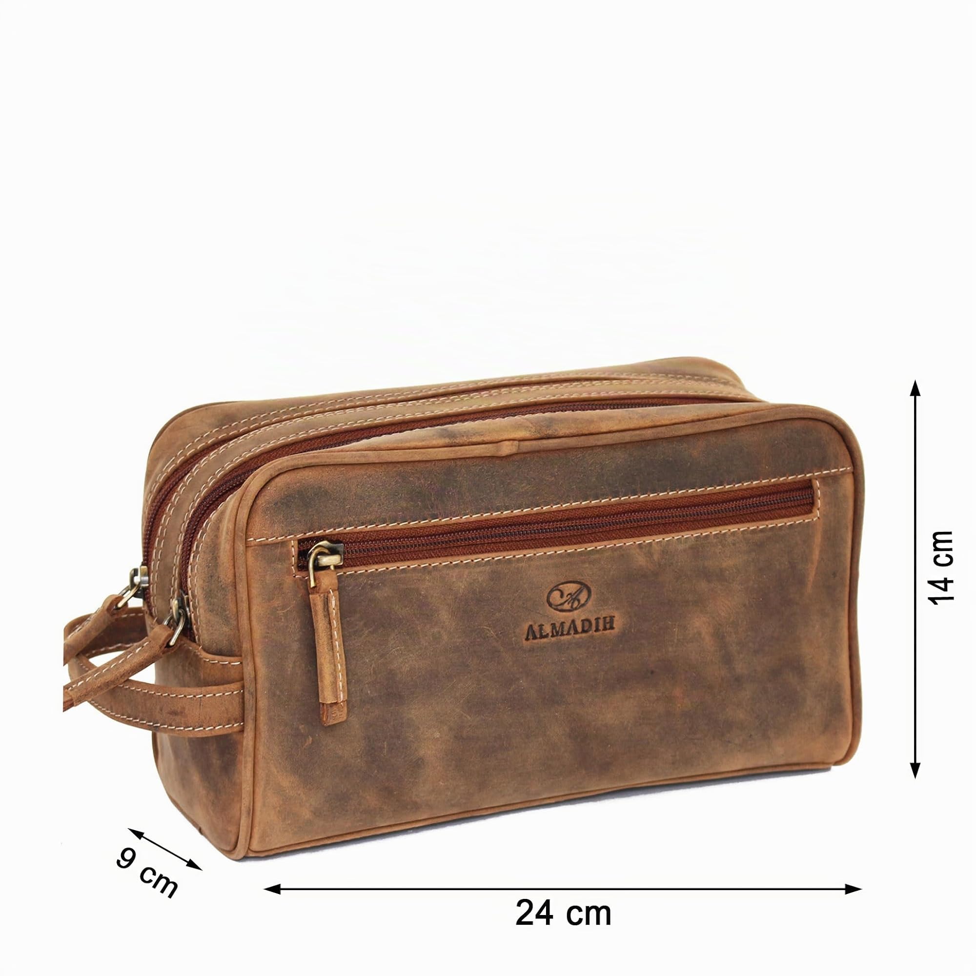 ALMADIH große Leder Kulturtasche für Damen und Herren Braun Vintage – Premium Badetasche Kulturbeutel Kosmetiktasche mit Doppel Reißverschluss (Pietro Vintage)