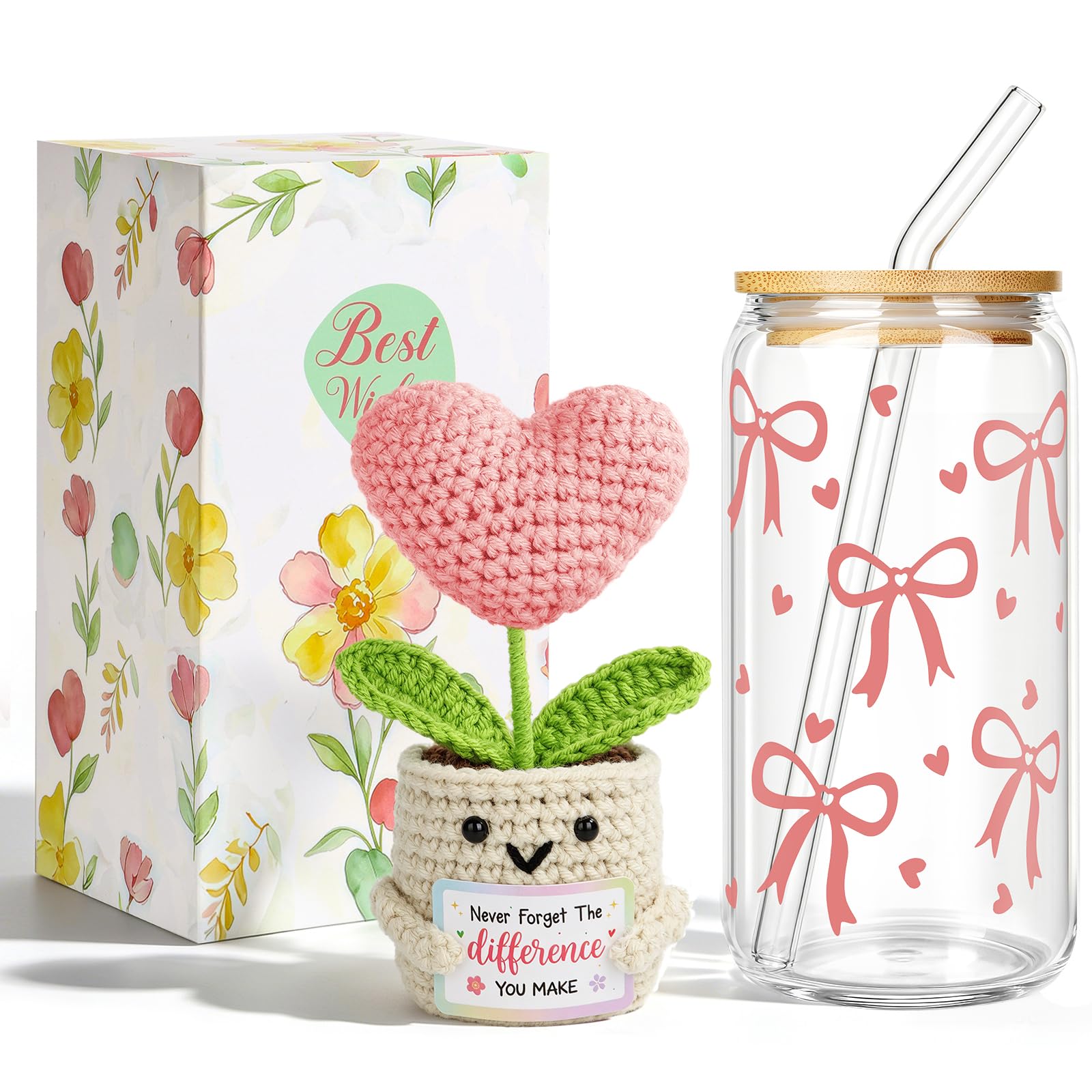 MEIMUCUL Birthday Gifts for Women & Teen Girls,Cute Bow Glass Cup Gift Set