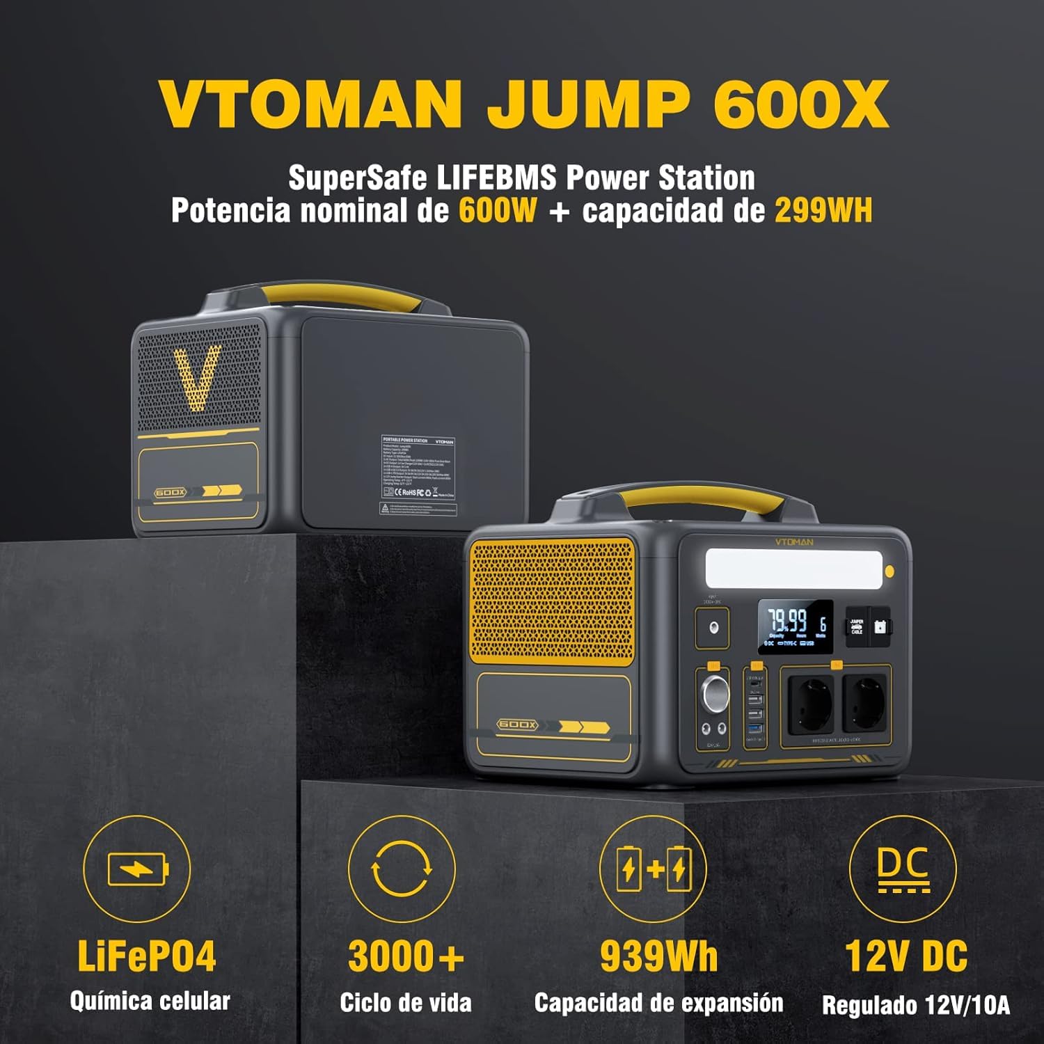 VTOMAN Jump 600X 299Wh Generador Solar, 600W Salida de CA para Apagones | LiFePO4 Batería, Arranque de Coche, Potencia Pico 1200W, LED Linterna, Capacidad Ampliable a 939Wh, Acampadas, Jardín y RV