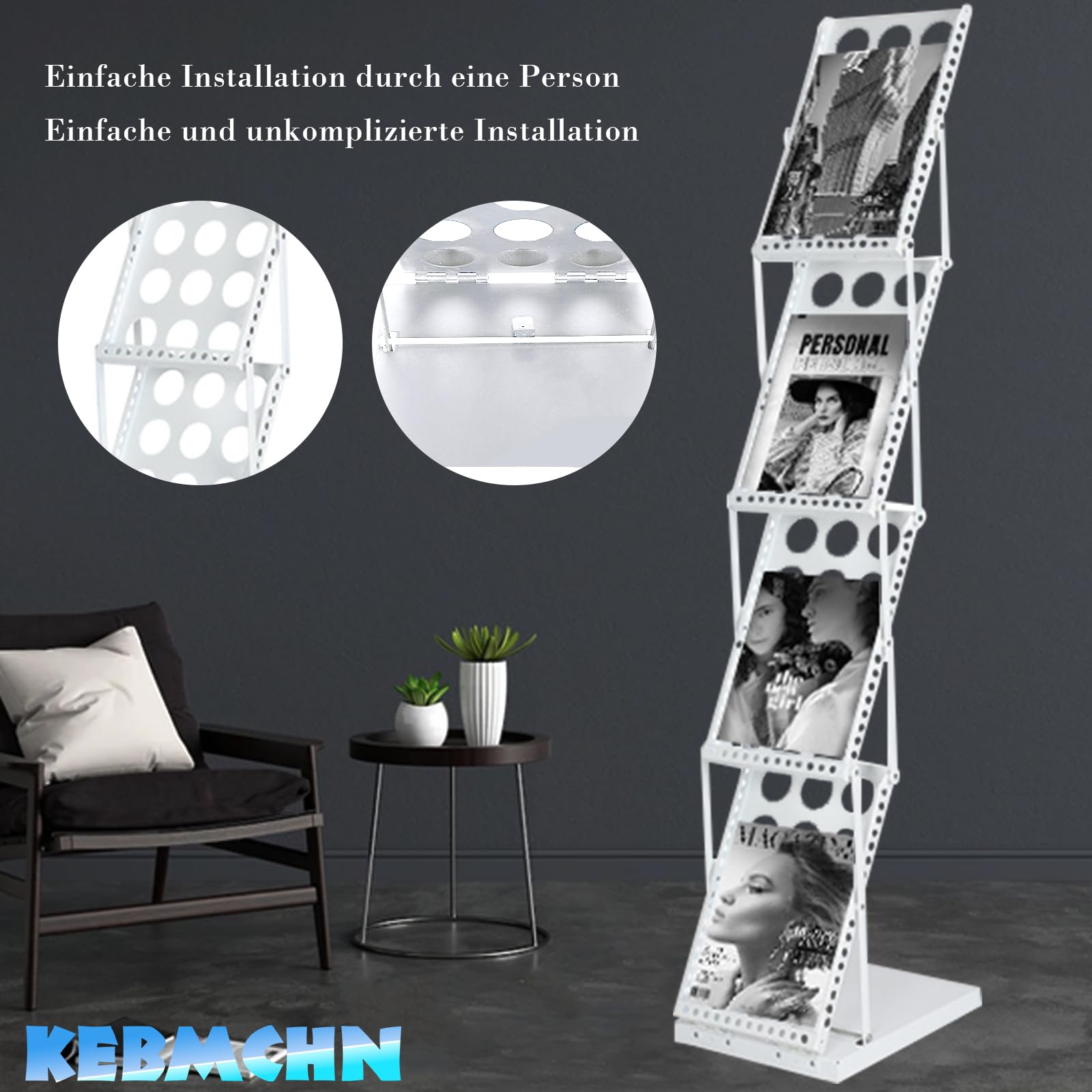 A4 Broschüre Magazin Katalog Literatur Display, Katalogständer Tragbar aus Metall, Schwarz, Inkl Lochdesign mit Tasche, faltbare Magazinhalter Prospektständer Flyerständer(Weiß)