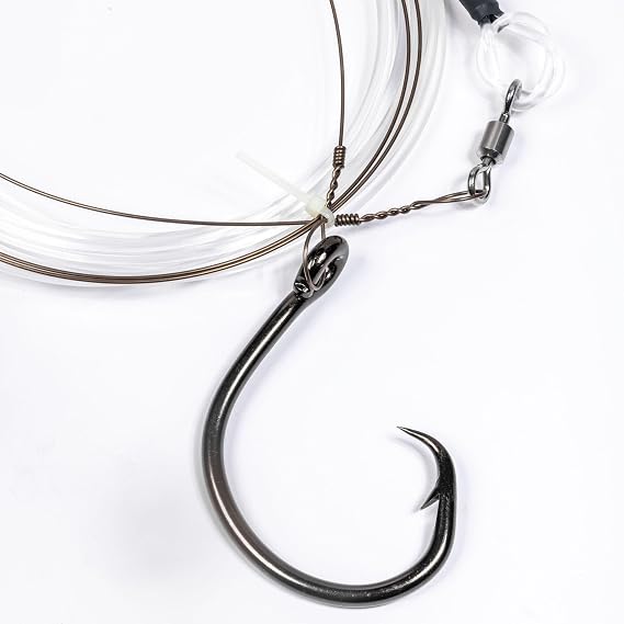 Mustad BlacktipH Monster Shark Rig, 25ft, 16/0 Demon Perfect Circle Hook, 700lb Monofilament, #19 Wire Leader, 500lb Swivels, Offshore Shark Fishing Gear