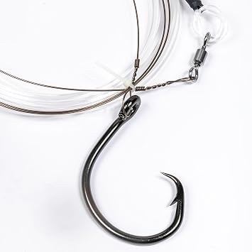 Mustad BlacktipH Monster Shark Rig, 25ft, 16/0 Demon Perfect Circle Hook, 700lb Monofilament, #19 Wire Leader, 500lb Swivels, Offshore Shark Fishing Gear