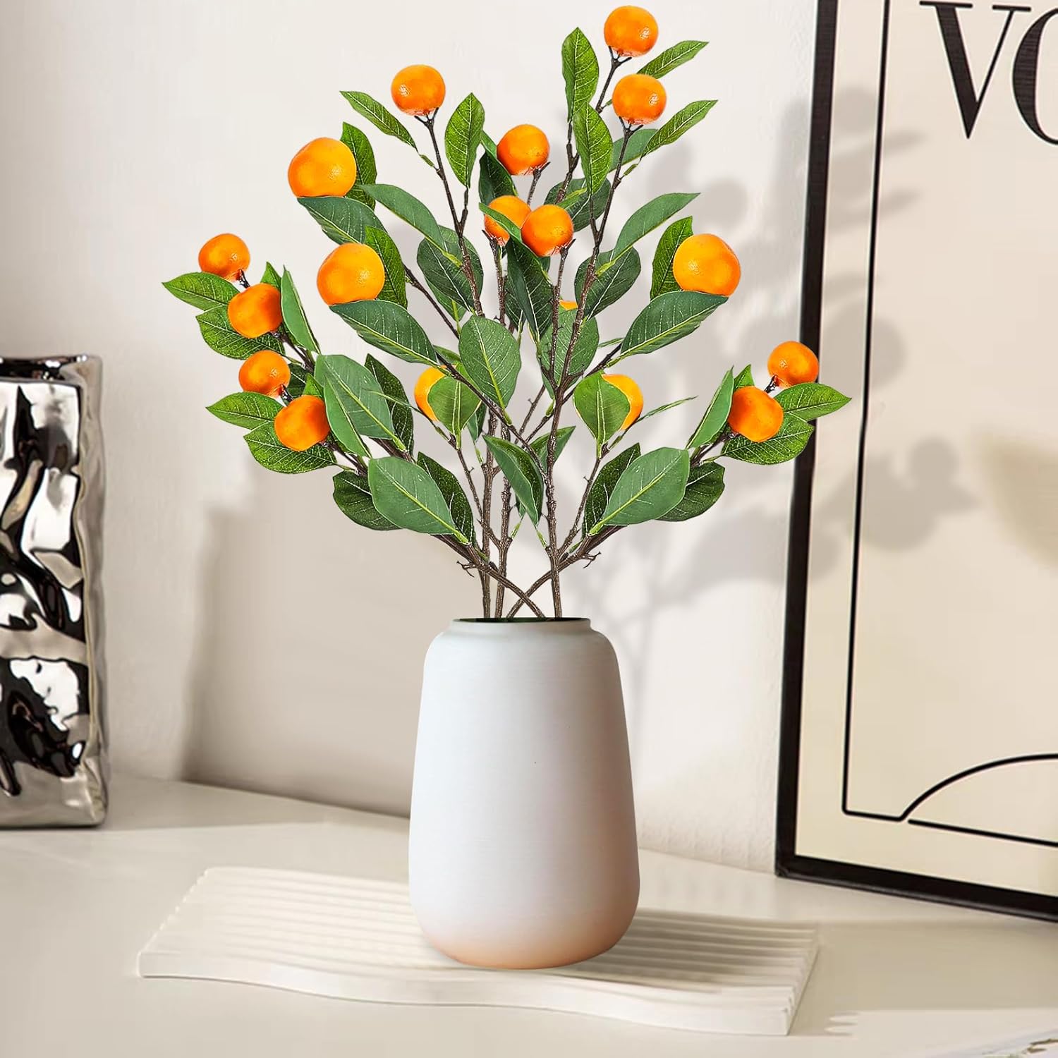 Artificial Orange Branches, 3Pcs Tangerine Branches,25 Inch Realistic Faux Oranges Fruit with Green Leaves, Decorative Artificial Orange Branches for Vase Home Party Decoration