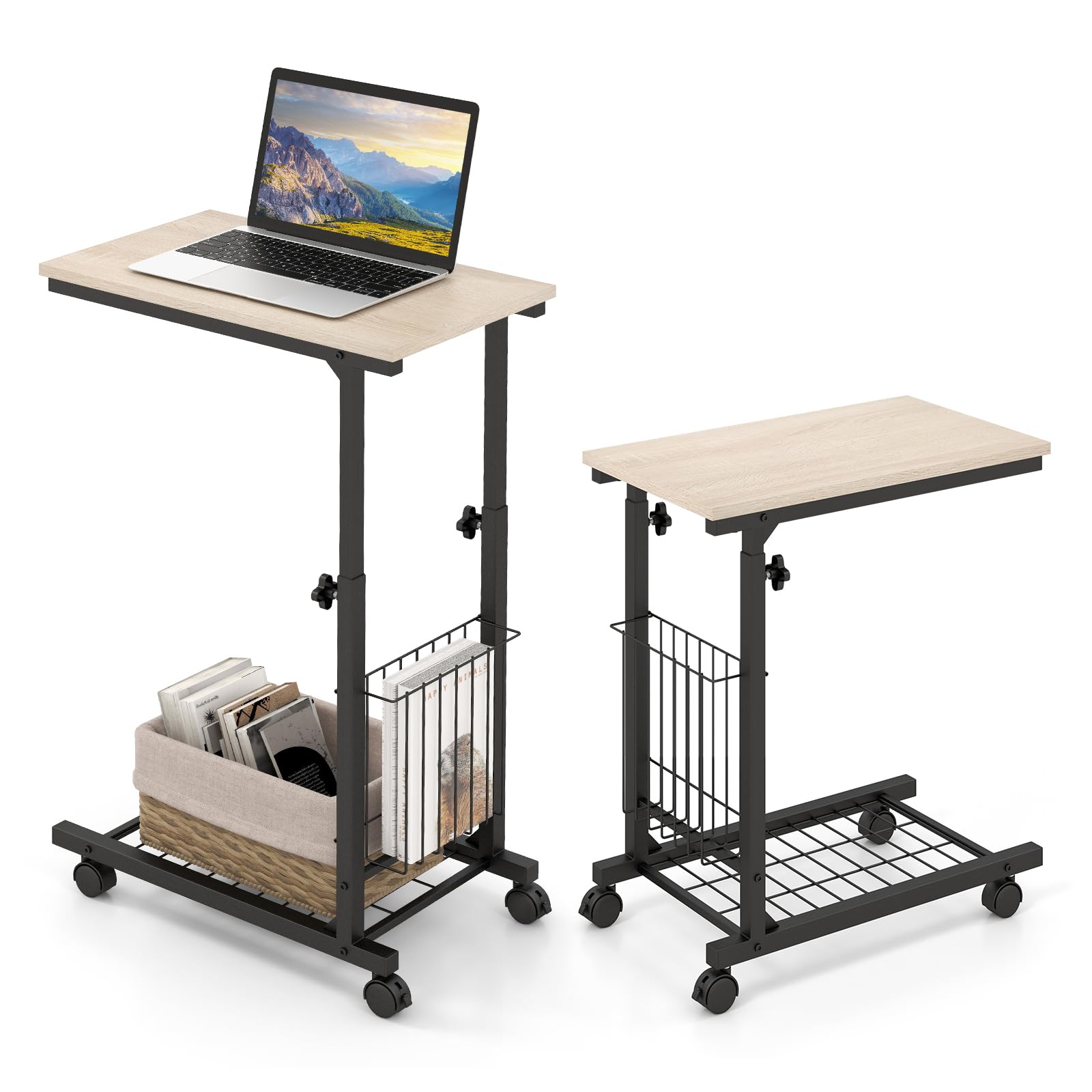 GIANTEX Mesa Auxiliar en Forma de C 50 x 30 cm con 4 Ruedas (2 con Freno), Altura Ajustable 58-80 cm, Cesto de Metal Lateral, Mesa Lateral para Dormitorio, Salón (Natural)