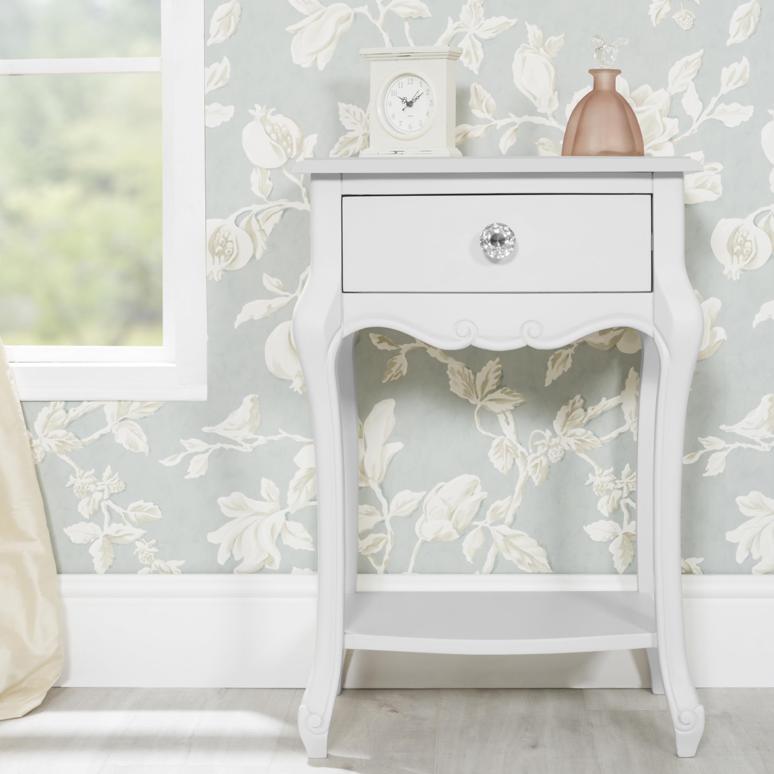 Statement Furniture Juliette Bedside Table | French Style 1 Drawer Nightstand with Hand-Carved Detail | White or Champagne Colour, Choice of Handles | Fully Assembled (White-Crystal-Handles)