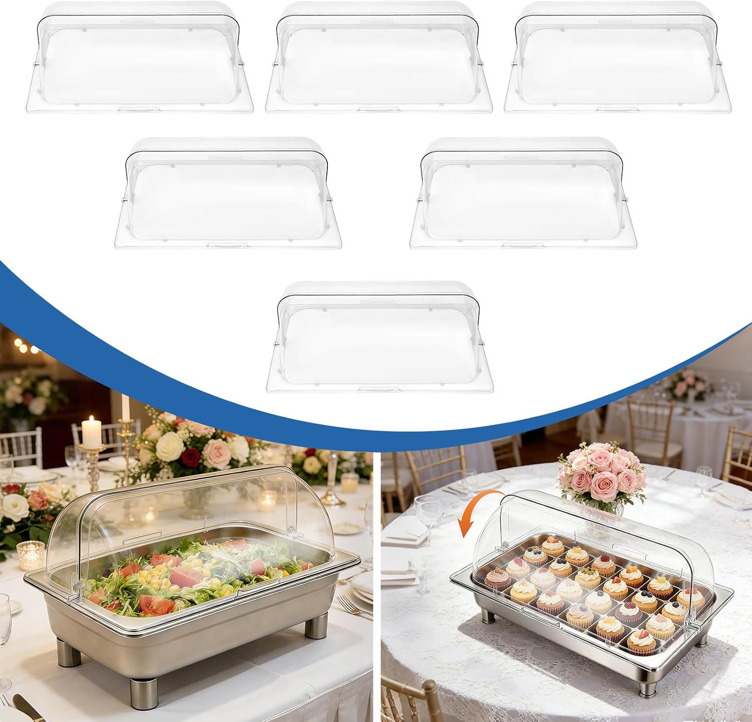 Full Size Chafing Dish Covers, 6 Pcs Clear Roll Top Buffet Pan Cover