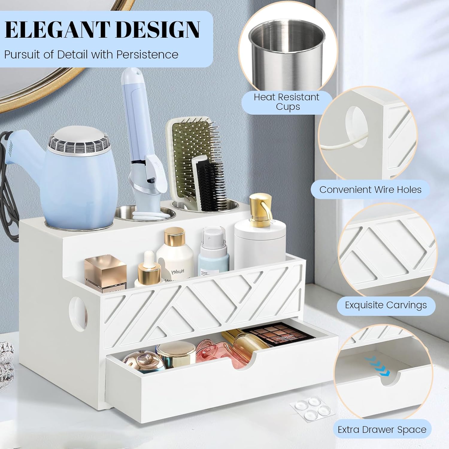Hair Tool Organizer, Hair Dryer Holder with Drawer, Bathroom Countertop Organizer for Bathroom Accessories, Blow Dryer Organizer for Hair Styling Tools, Vanity Organizer for Bathroom, Vanity, Kitchen