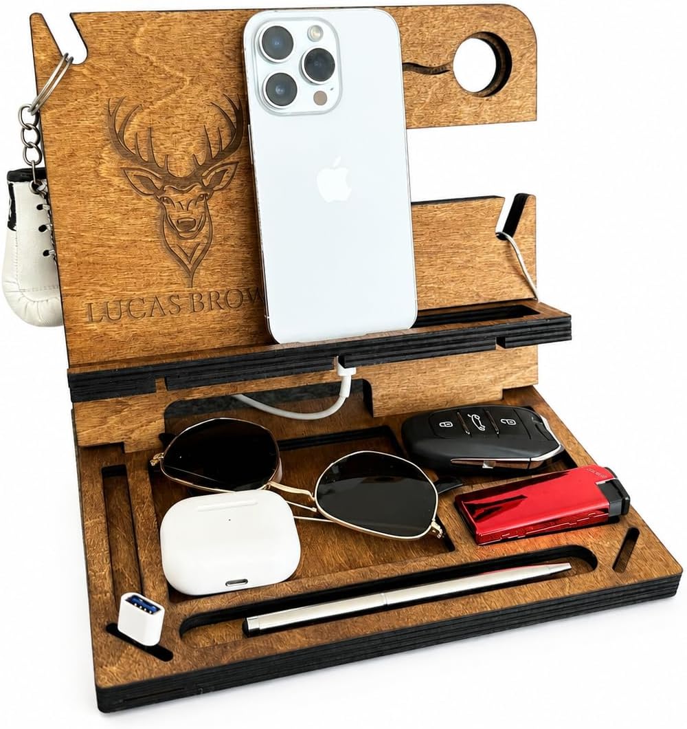 Personalized Wooden Docking Station for Men, Custom Desk Organizer with Phone Stand, Watch Holder, Key and Wallet Tray, Birch Plywood Nightstand Organizer