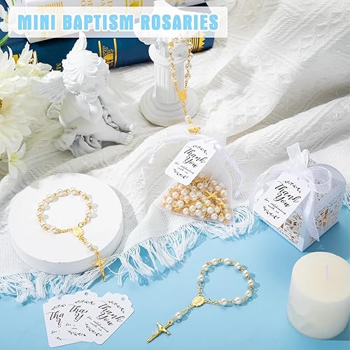 Miniatura 6 de Highergo Juego de 200 recuerdos de bautismo, 50 piezas de mini rosario, 50 piezas, cajas de regalo para fiesta de bautismo, bolsas de organza con
