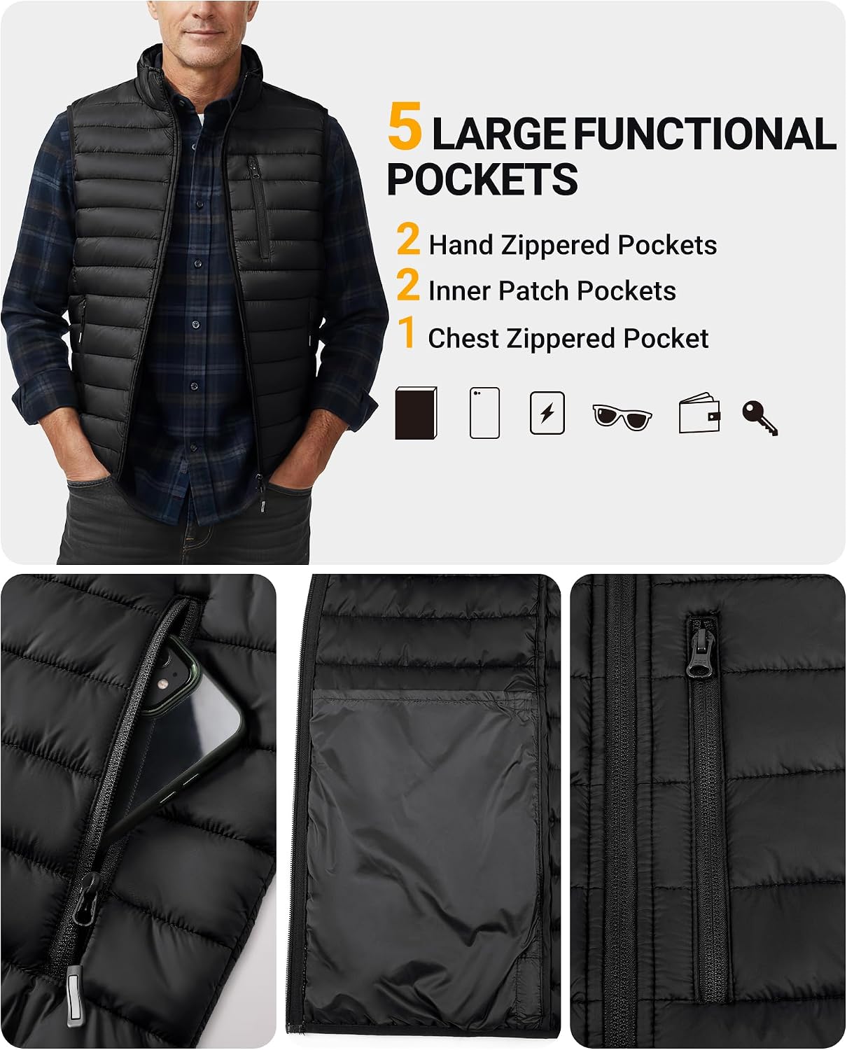 Outdoor Ventures Men's Lightweight Puffer Vest Outerwear Warm Quilted Sleeveless Packable Winter Jacket for Hiking Running