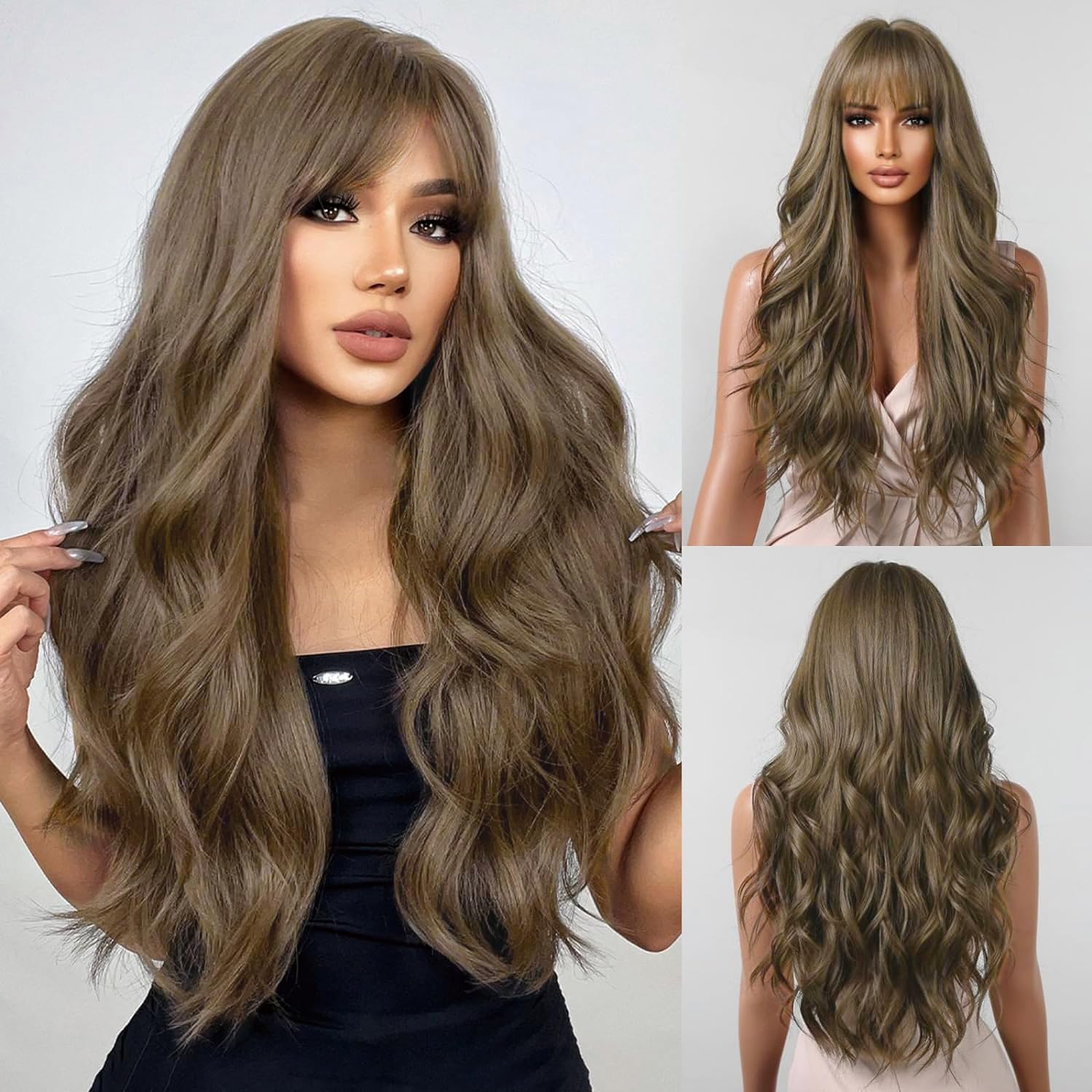 Long Brown Wig with Bangs Wavy Wigs for Women, 26 Inch Synthetic Hair Wig for Daily Party Use Long Brown Wig with Bangs Wavy Wigs for Women, 26 Inch Synthetic Hair Wig for Daily Party Use