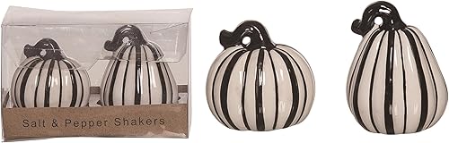 Transpac TH00791 Halloween Rayas Aspecto Moderno Otoño Calabaza Blanco Y Negro 3 x 2.25 Cerámica Sal Y Pimentero Set