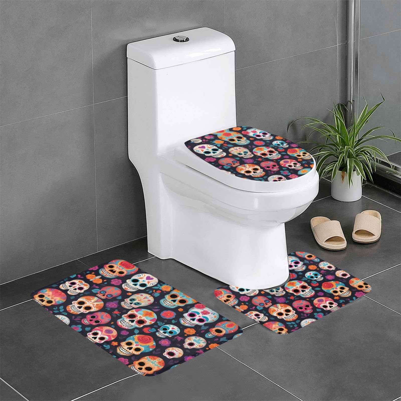 Lot de 3 tapis de salle de bain antidérapants crânes en sucre avec contour et ovale